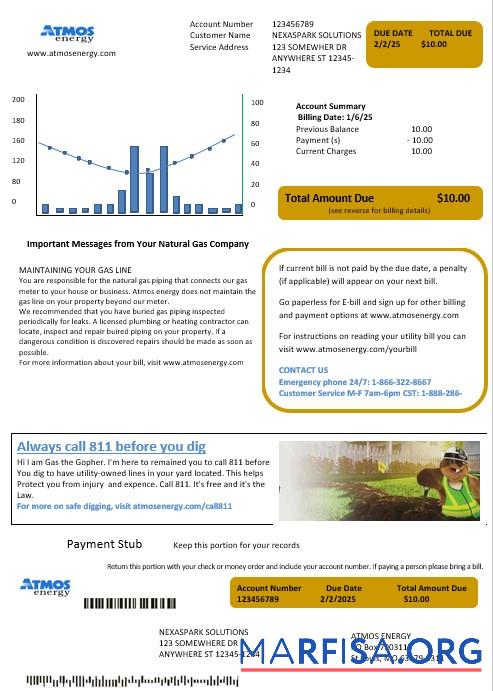 Downloadable USA Virginia Atmos Energy business utility bill template in Word and PDF formats